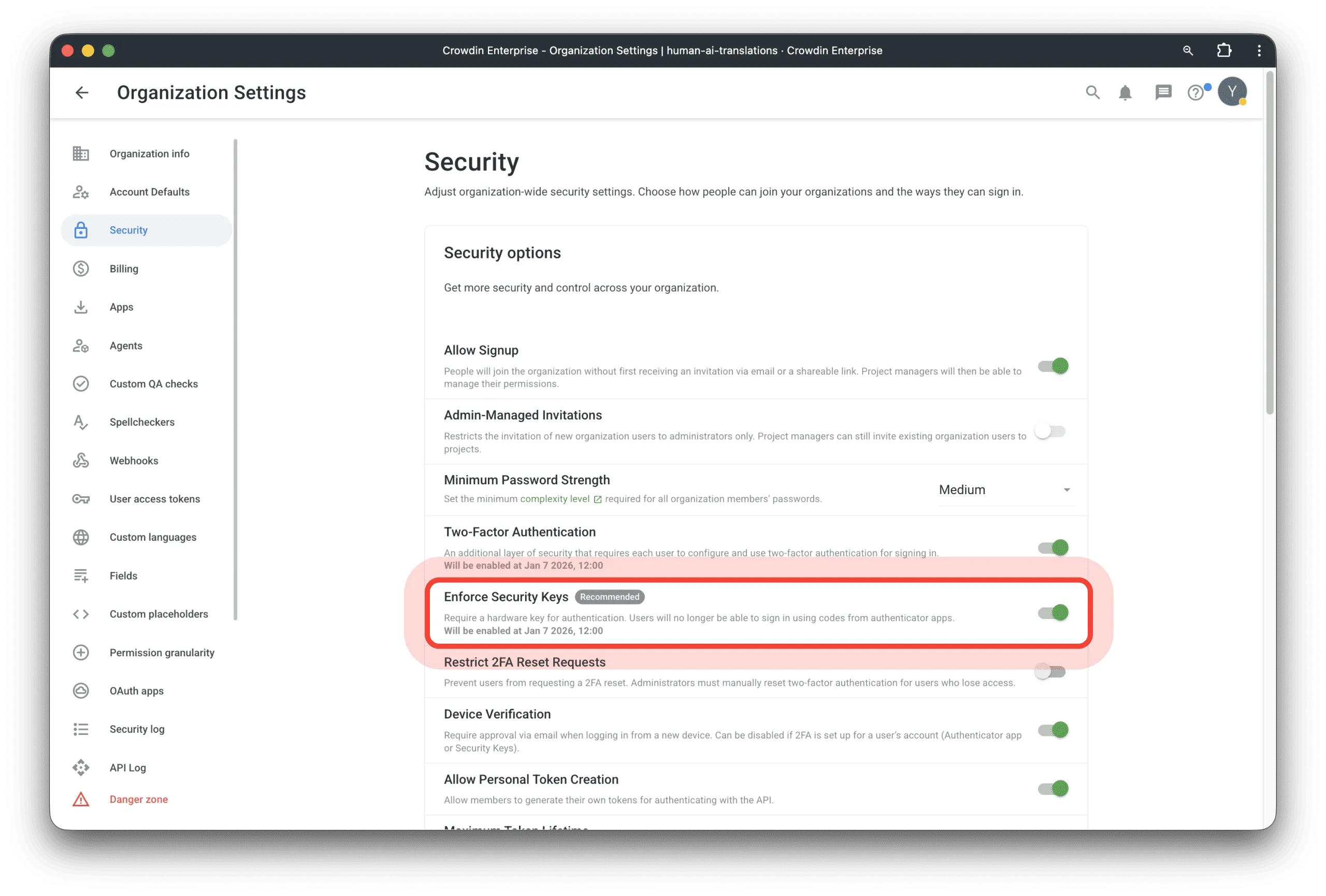 Enforce Security Keys feature in Crowdin