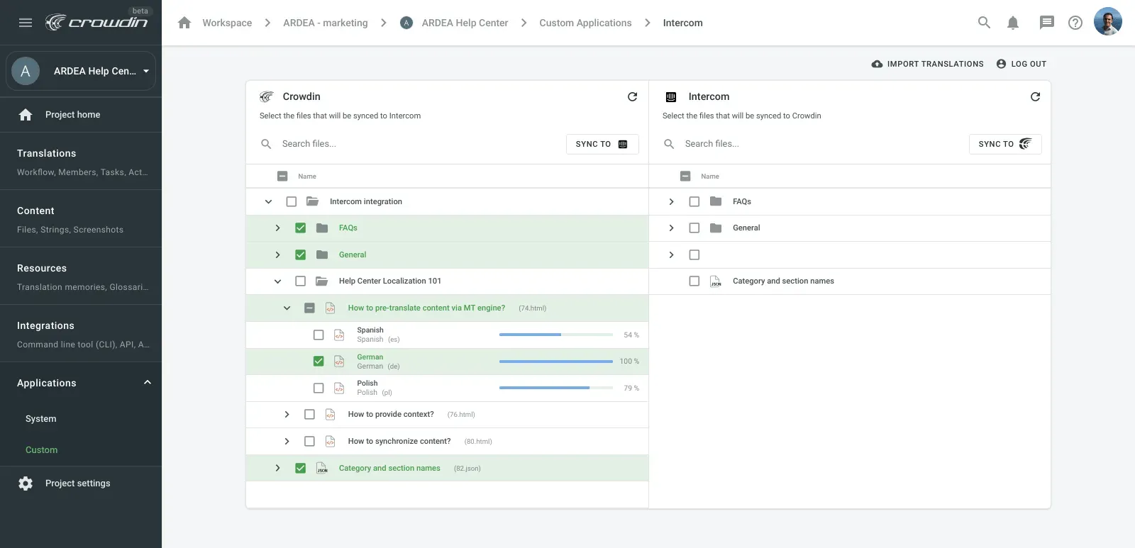 Screenshot of the Intercom app integration with Crowdin.